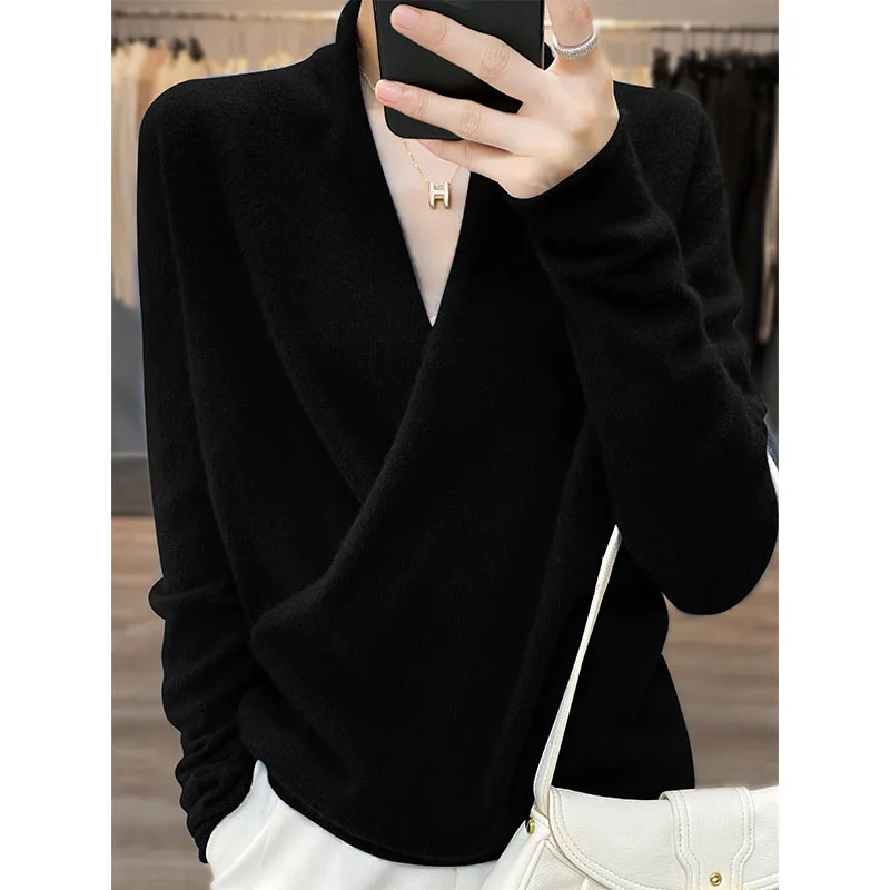 2022 Autumn Fashion Tops 100% Pure Wool Knitted Sweaters Women V-neck Long Sleeve Cashmere Knitwear Winter New Female Jumpers