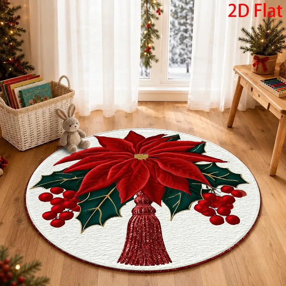 Trendy Round Christmas Poinsettia Gingerbread Print Rug Home Decor Floor Mat for Living Room Bedroom Holiday Party Indoor Carpet
