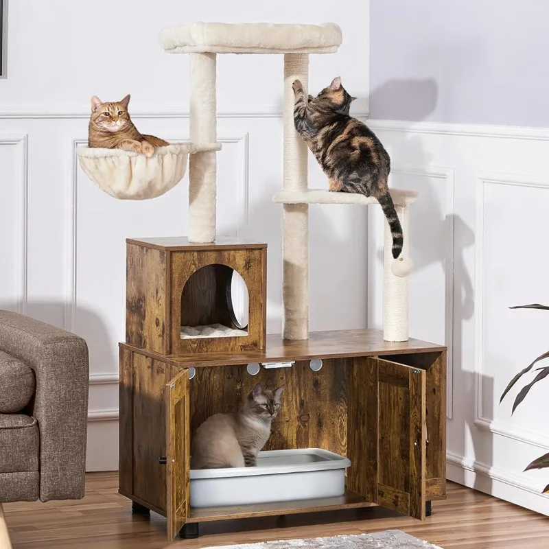 Litter Box Enclosure with Cat Tree, All-in-one Indoor Cat House w/Scratching Posts, Wooden Cat Litter Box Furniture w/Cat Condo