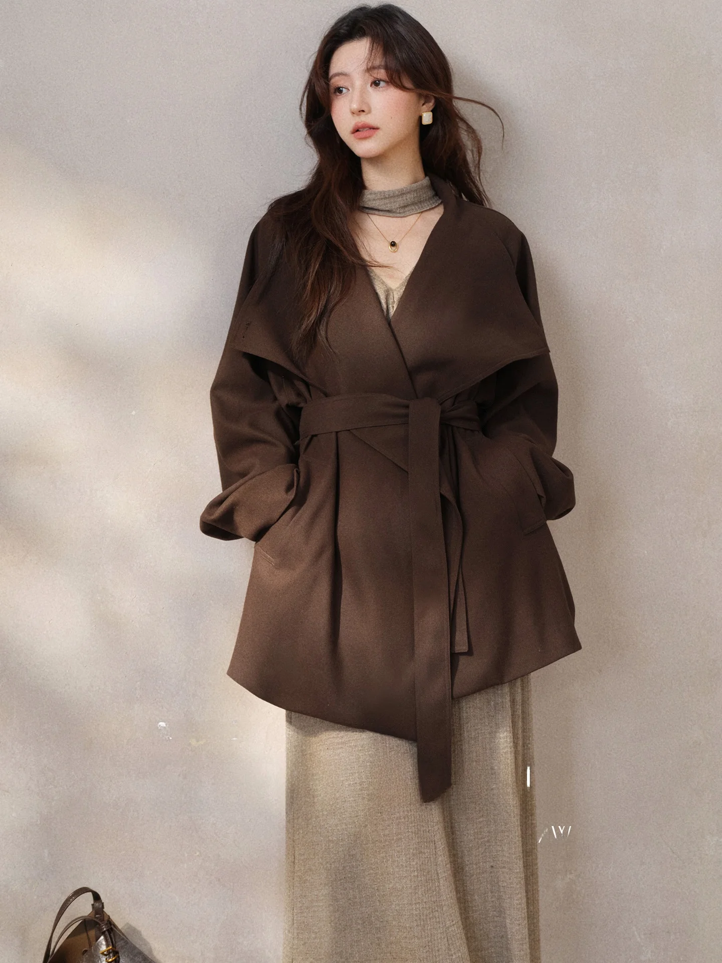 

bunny Brown Overcoat Women's Spring Slimming Long Coat Large Collar Retro Sle Polyester Blend Long Sve Pure Color