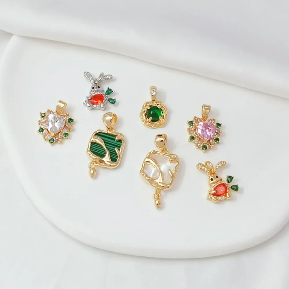 

14K Gold-plated Micro-inlaid Colored Zirconium Shell Shell Cute Rabbit Malachite Pendant, DIY Handcrafted Bracelet Pendant