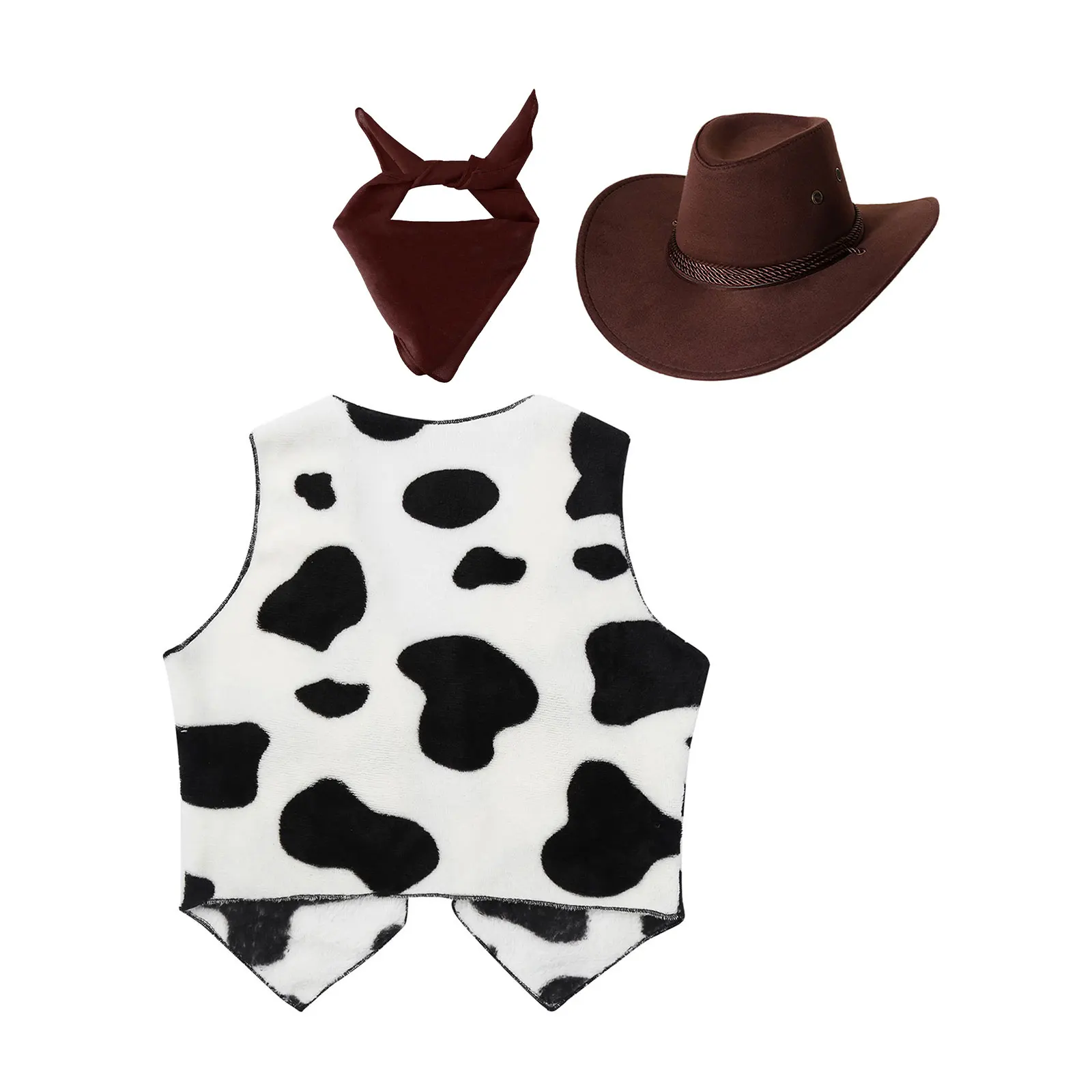 Halloween Cosplay Cowboy Cowgirl Costume Boys Girls Flannel Cow Printed Waistcoat Vest Tops with Bandanna Hat Set Fancy Clothes
