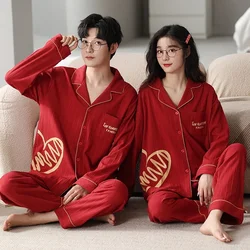 Wedding Red Color Homewear for Couples Spring Cotton Women and Men Matching Nightwear Big Size M-3XL Pijamas Mujer New Years Pjs