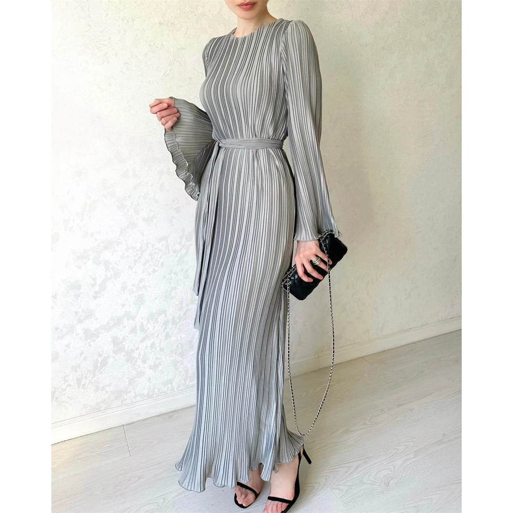 

Sexy Women Flare Long Sleeve Pleated Maxi Dress With Belt Female Summer Round Neck Long Party Dresses New in Korean Style