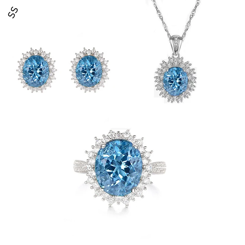 

S925 Sterling Silver Inlaid Topa Stone Sea Blue Necklace Earrings Rings for Women's Evening Dresses Luxury Treasure Set Series