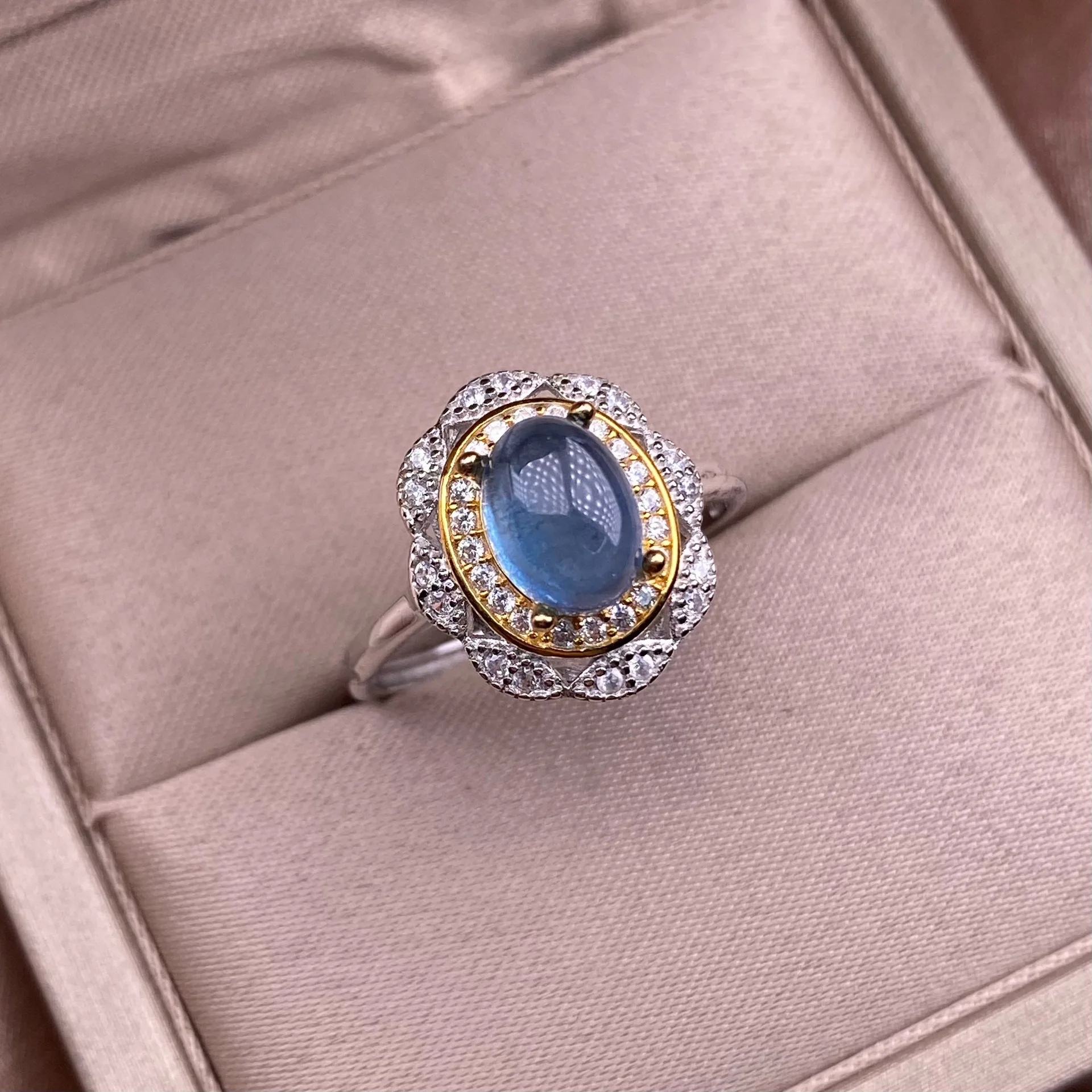 HOYON Natural Sea Blue Treasure Women\'s Ring s925 Sterling Silver Luxury Crystal Colored Gemstone Retro Palace Jewelry Gift