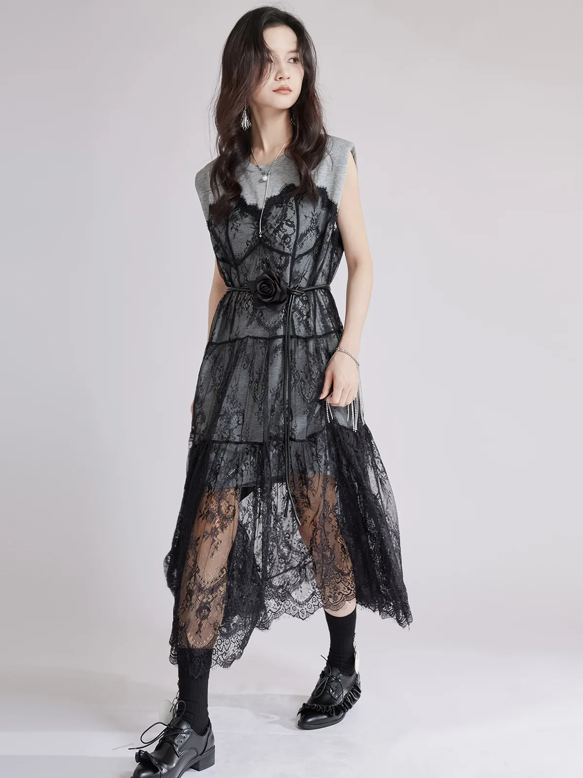 Tannt Women Dress Lace Patchwork Fake Two-piece Sleeveless Perspective Sexy Dresses Color Matching Fashion Long Summer Dresses