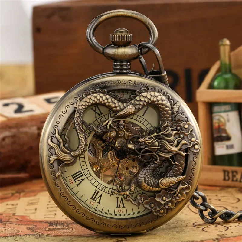 

Old Fashion Hollow Out Dragon Half Hunter Clock Hand Wind Mechanical Skeleton Pocket Watch for Men Women Pendant Chain Timepiece