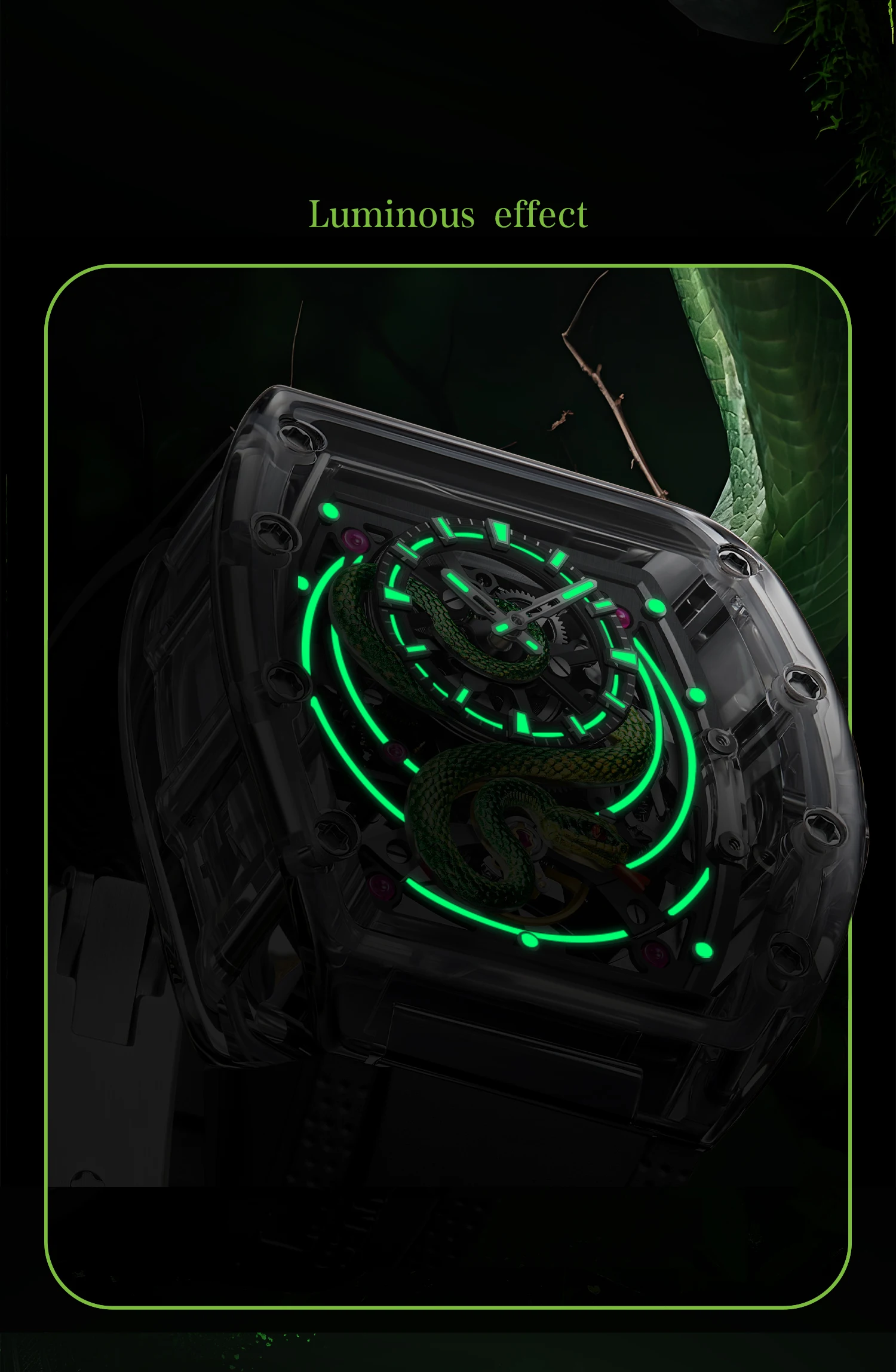 BONEST GATTI Мужские автоматические часы 50 мм Tonneau Механические наручные часы Акриловый корпус Водонепроницаемое сапфировое зеркало Светящийся змеиный циферблат