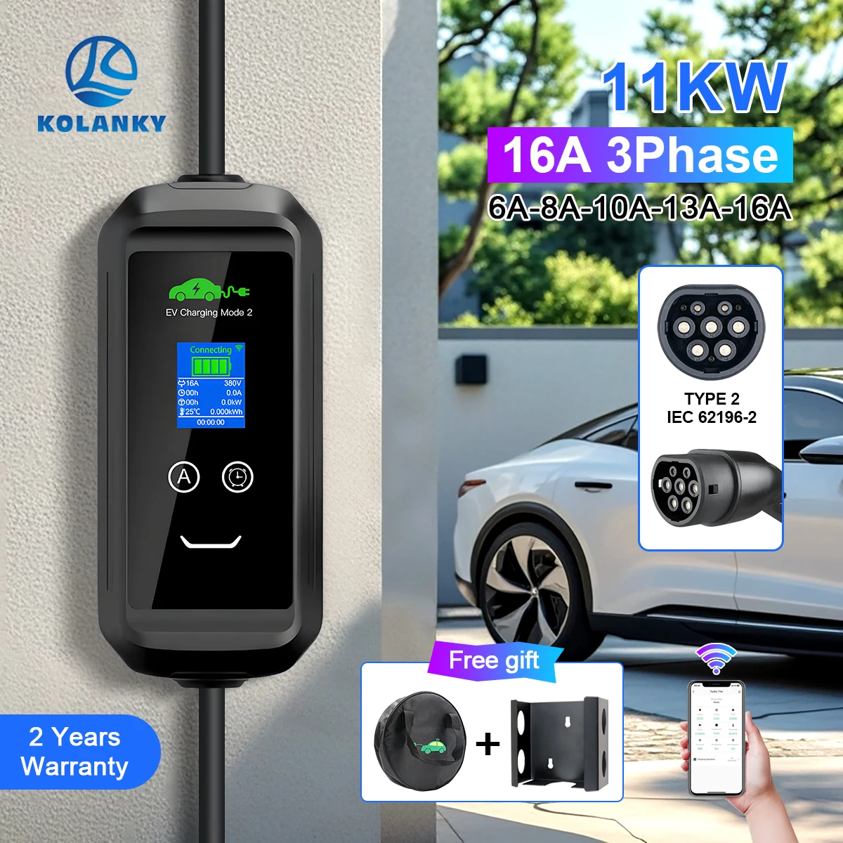 Kolanky Portable EV Charger 16A 11KW Type 2 Plug Wifi Tuya App Set Charging Time  For EU Electric Vehicle Cars Total 5M