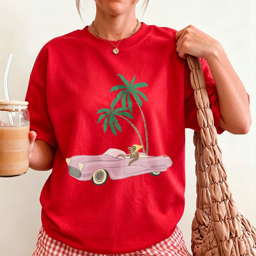 Hand Drawn Pink Vintage Convertible Car Cat Driving Under Palm Trees Print Women Cotton T Shirt Summer Tropical Holiday Tops Tee