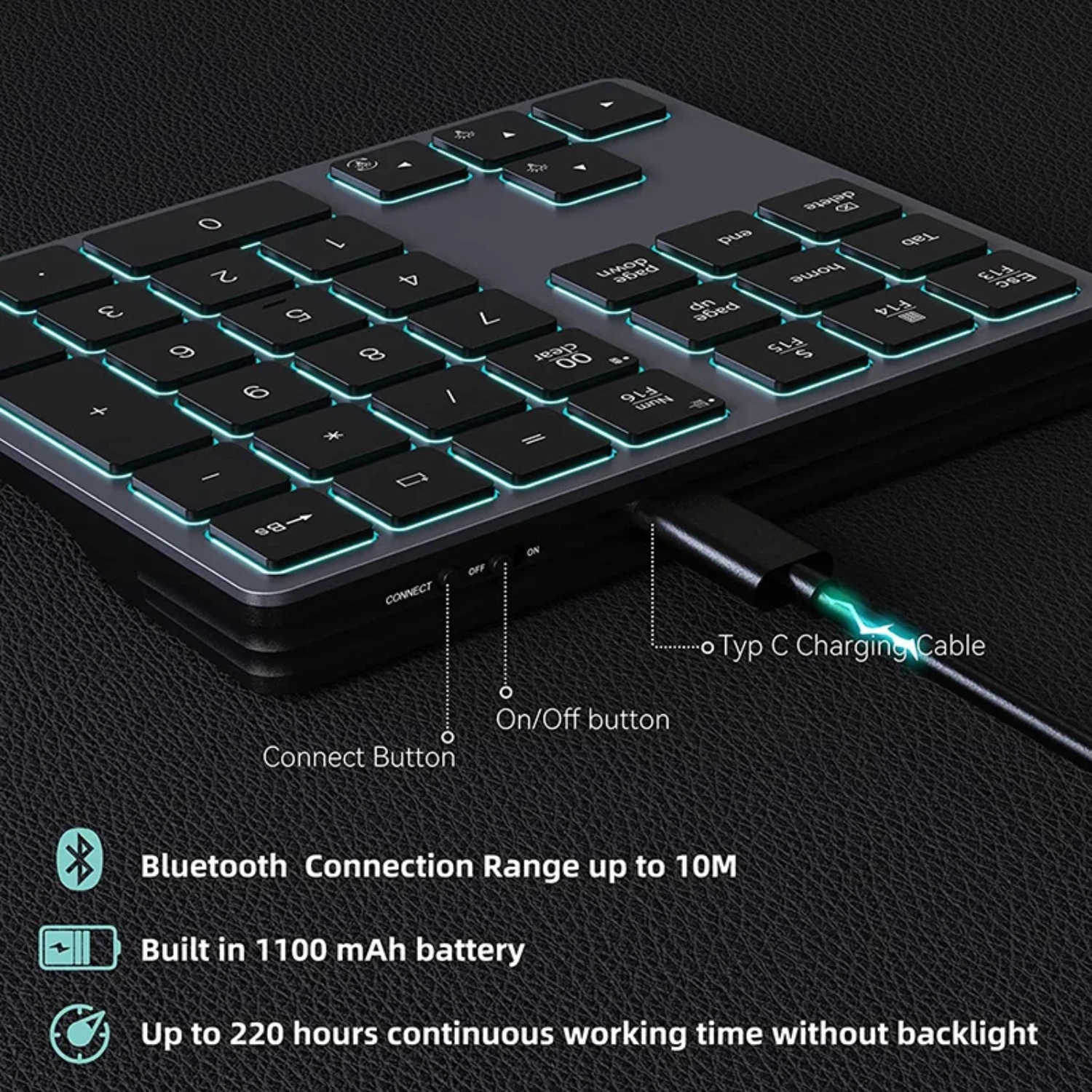 Backlight Numeric Keypad RGB Bluetooth Rechargeable Number Pad 34-Key Slim External Numpad Keyboard Data Entry