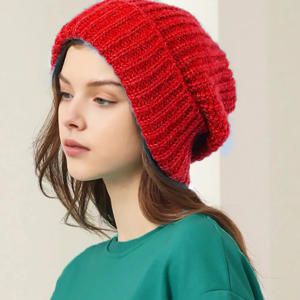 Winter Lady Hat Knitted Thick Stretchy Piled Hat Solid Color Ear Warm Daily Wear Cap Outdoor Skiing Skating Headwear