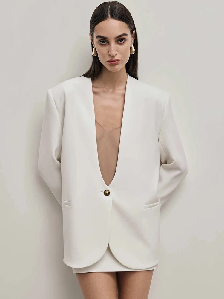 

Элегантный женский блейзер с глубоким V-образным вырезом и длинными рукавами, на одной пуговице, приталенный, для офиса