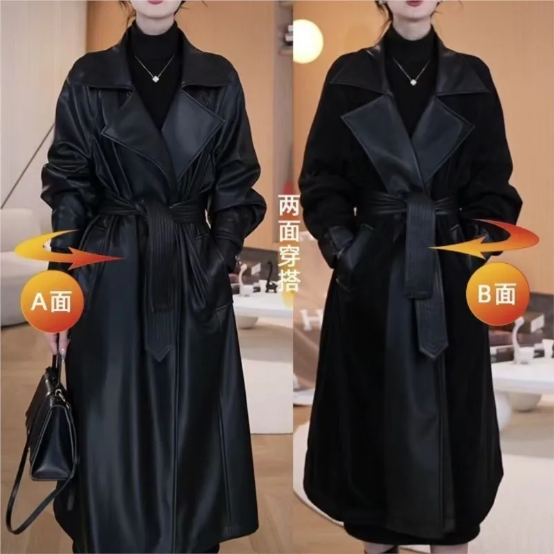 Women's fleece double-sided double-wear leather long knee-length coat