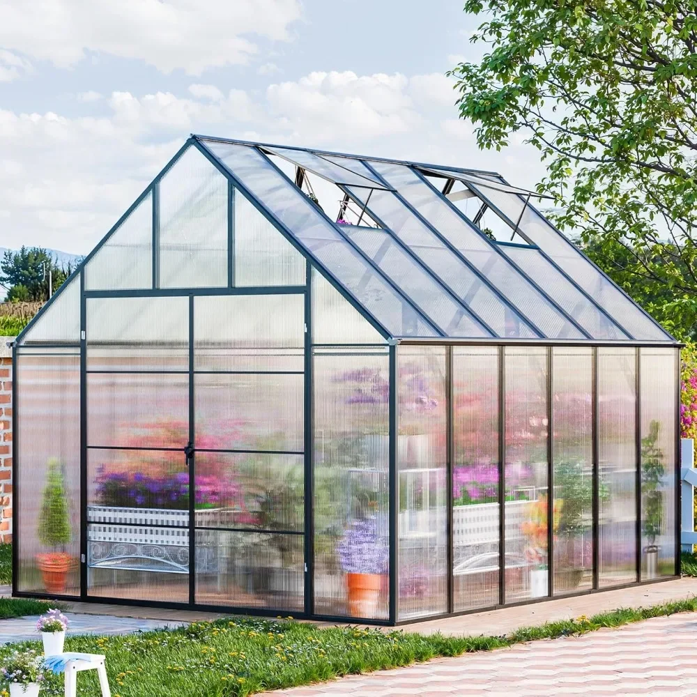 12.4x10.2 FT Greenhouse with 2 Vents Window, Swing Door, Easy Assembly, Large Aluminum Walk-in Polycarbonate Greenhouse