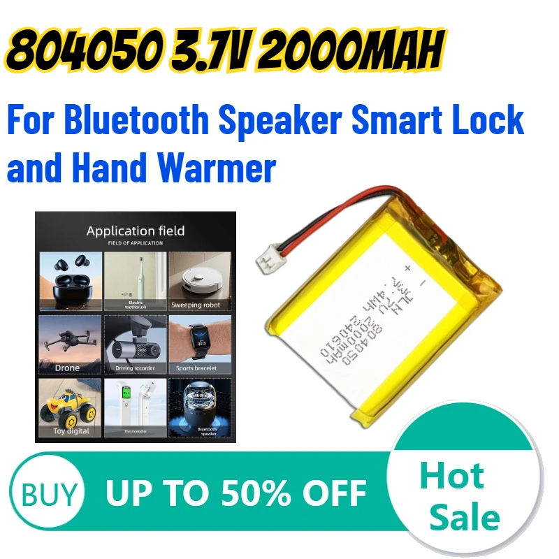 

Polymer Lithium Battery 804050 for Beauty Instrument 3.7V 2000mAh Battery for Bluetooth Speaker, Smart Lock and Hand Warmer