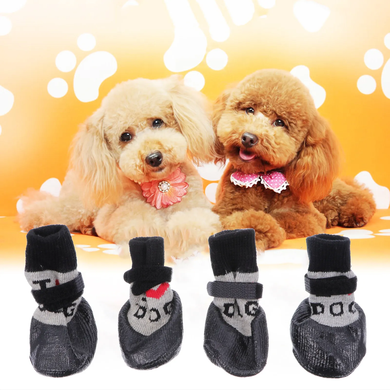 4Pcs Premium Wool Dog Socks Puppy Shoes Sock Anti-Slip Sole Pet Boot Warm Protection Cute Pattern Dog Foot Wear for Small Medium