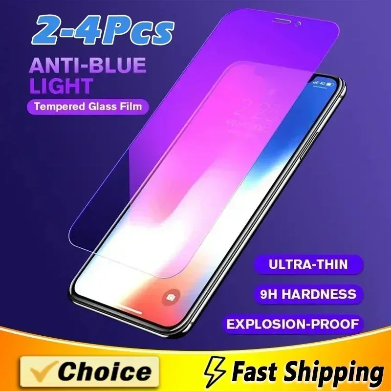 2-4 Pcs Anti-blue Light Tempered Glass For iPhone 15 14 13 12 11 Pro Max XS XR 12mini 8 7 Plus Screen Protector Protect eyesight