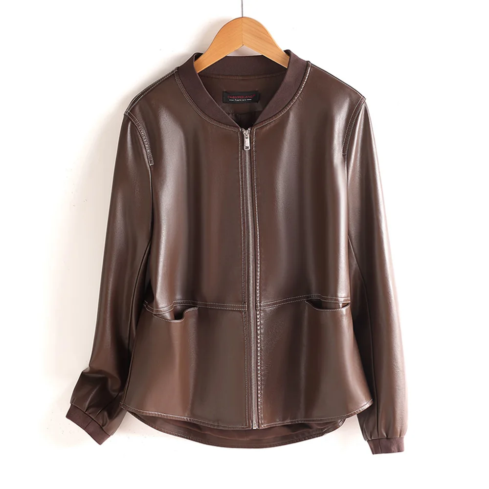New Women Casual Loose Split Leather Jacket Spring Autumn Fashion Baseball Collar Long Sleeve Daily Leather Coat Easy match Coat