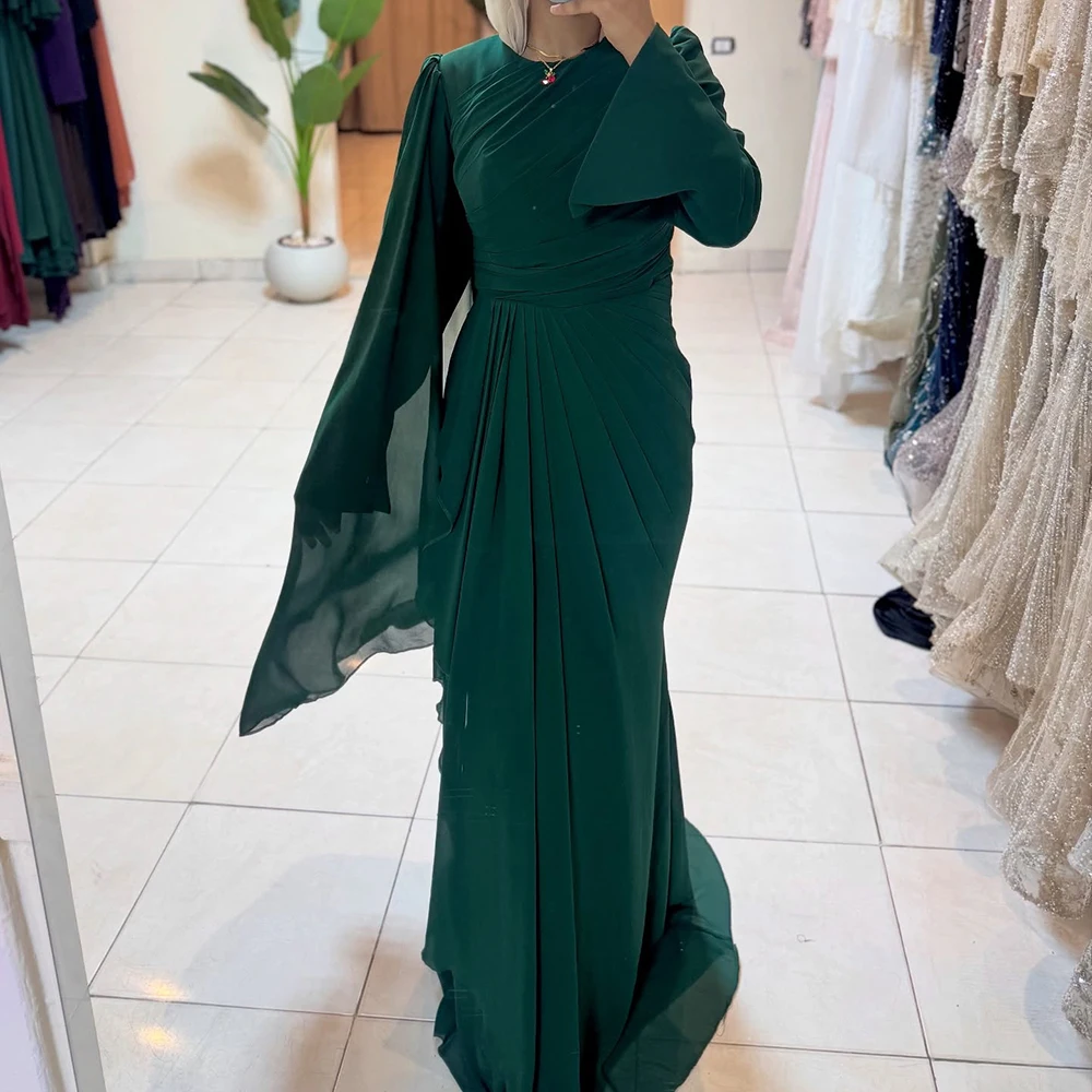 

Customized A-line Evening Dresses Floor-length O-neck Full Sleeve Prom Gown Fashion Pleat Simple Draped Casual Party Gown