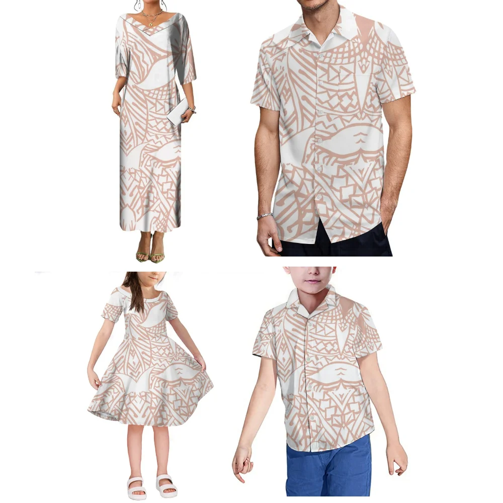 

A Custom-Made Family Set Featuring Polynesian Tribal Print Designs For Mother-Daughter Dresses And Father-Son Shirts