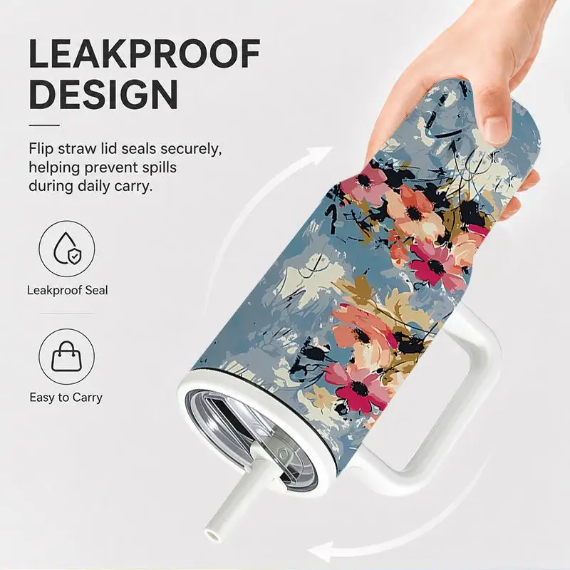 1pc 40oz 304 Stainless Steel Hand-held Cup Abstract Floral Print Blue Pink Flowers Insulated Tumbler with Handle And Straw for Home Office Travel Car Suitable Gifts for Halloween Christmas And Other Special Festivals