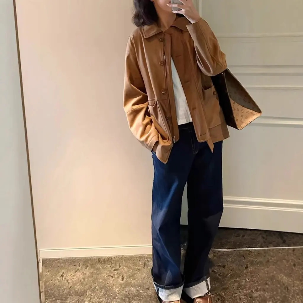 

Women's Retro Primary Color Denim Straight Jeans Middle Waist Slimming Leg A2 Elastic Fit 3075