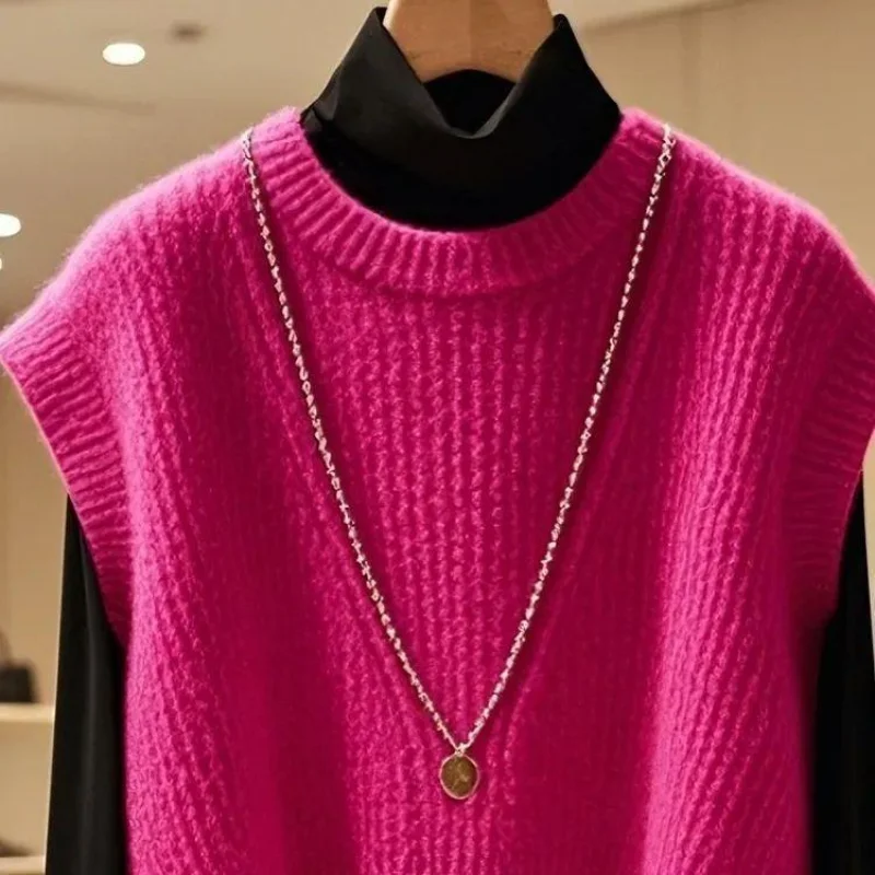 Autumn And Winter New Style Retro Soft Lazy Vibe Rose Pink Sweater Knit Fashion Minimalist Elegant Pullover Vest For Women