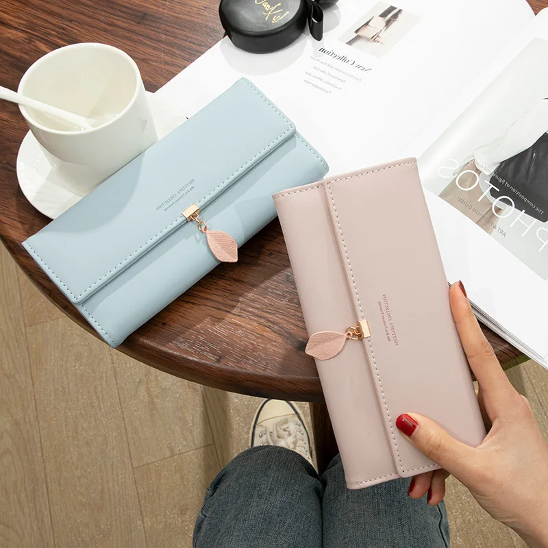 long-women's-wallet-korean-style-leaf-pendant-zip-small-fresh-student-multi-functional-large-capacity-clutch-bags