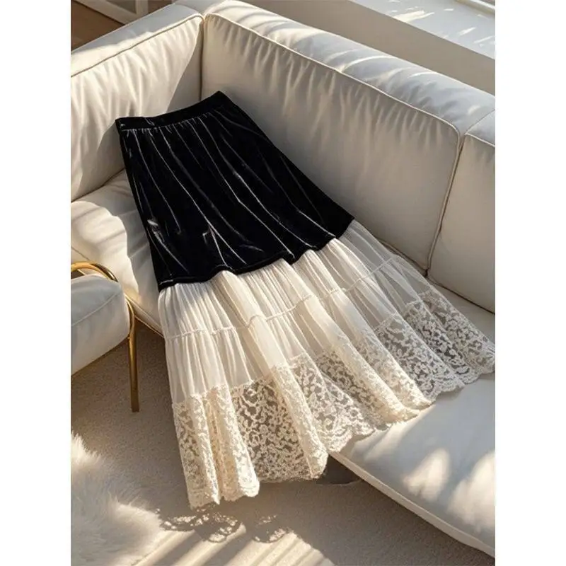 

2025 Winter Fall Women Elegant Lace Patchwork Black Velvet Long Skirt , Woman Fashion Designer Velour Skirts