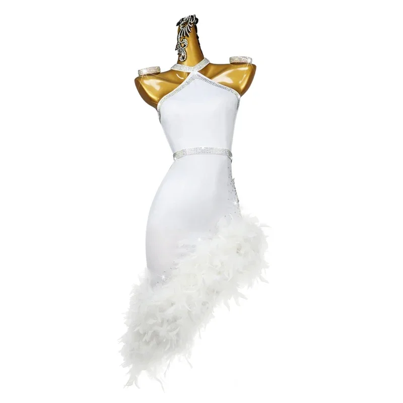 Latin Dance Competition Costume Performance Dress High-end Professional White Feather Cha Cha Chinese Dress 4-piece Set