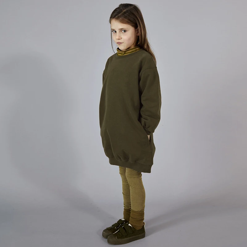 Robe droite à manches longues et col rond pour filles avec poches, coton biologique, chaud, confortable, enfants, hiver, nouveau, TZ341