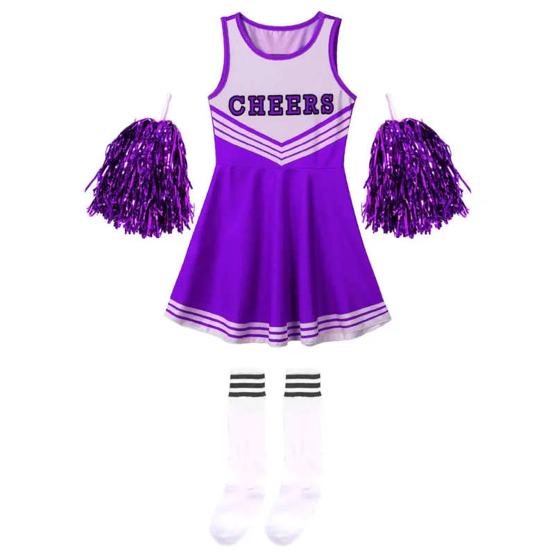 زي تشجيع للفتيات بدون أكمام، زي رقص للأطفال، زي المشجع، فتحة رقبة مستديرة، فستان مطبوع عليه حروف، زهور وجوارب