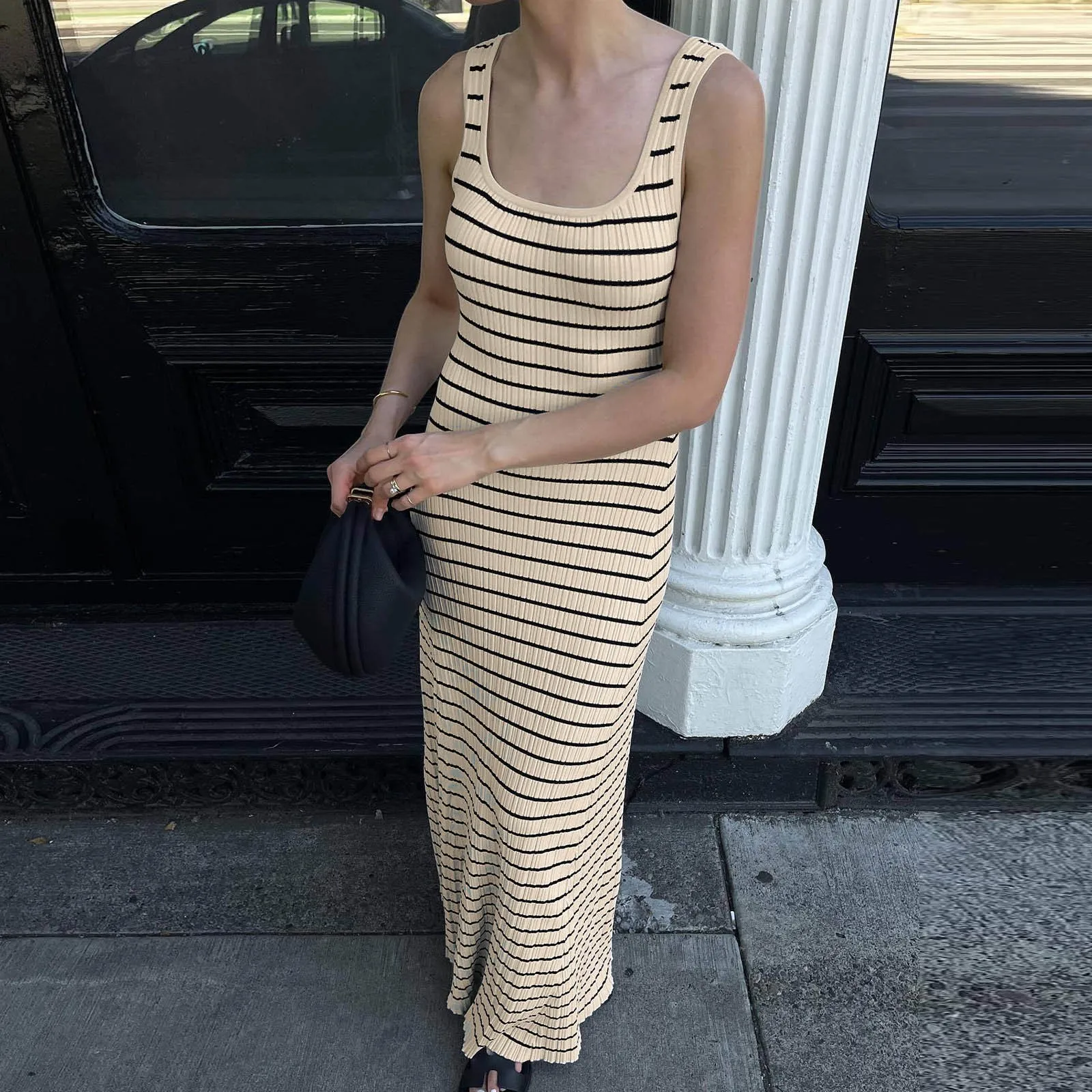 Elegant Knit Stripped Women'S Dress Backless Sleeveless U Neck Holiday Maxi Dresses Female Chic Spaghetti Stap Bodycon Dresses