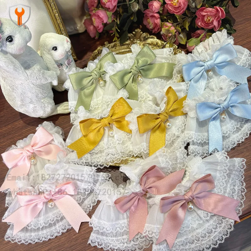 Original Lolita Handmade Lace Bow Bracelet Pink Yellow Green Blue Purple Coffee Wrist Decoration Paired with Lolita