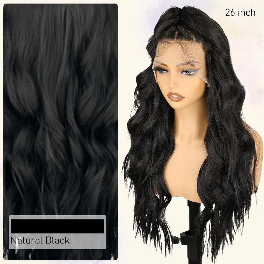 باروكة أمامية من الدانتيل الصناعي مقاس 13 × 4 باللون الأسود مع نسيج طويل مموج بطول 26 بوصة خط شعر مسبق النتف وشعر أطفال للمظهر الطبيعي
