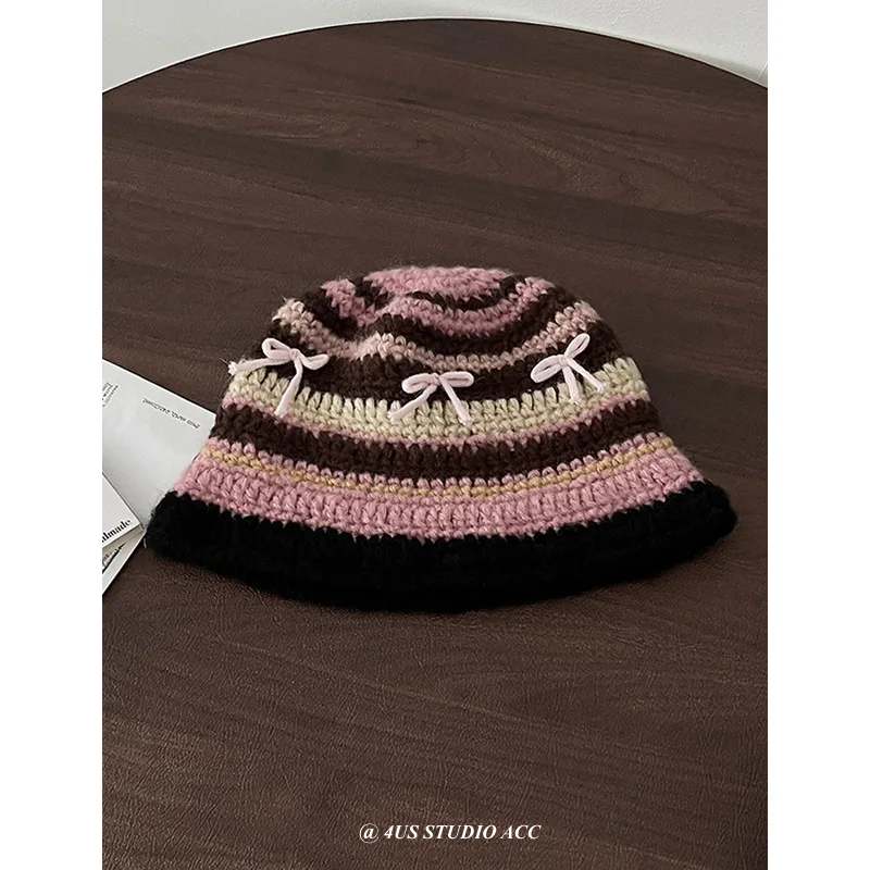 Japanese Style Sweet and Cute Hand Crocheting Knitted Fisherman Hat Women's Korean-Style Autumn and Winter Three-Dimensional Bow