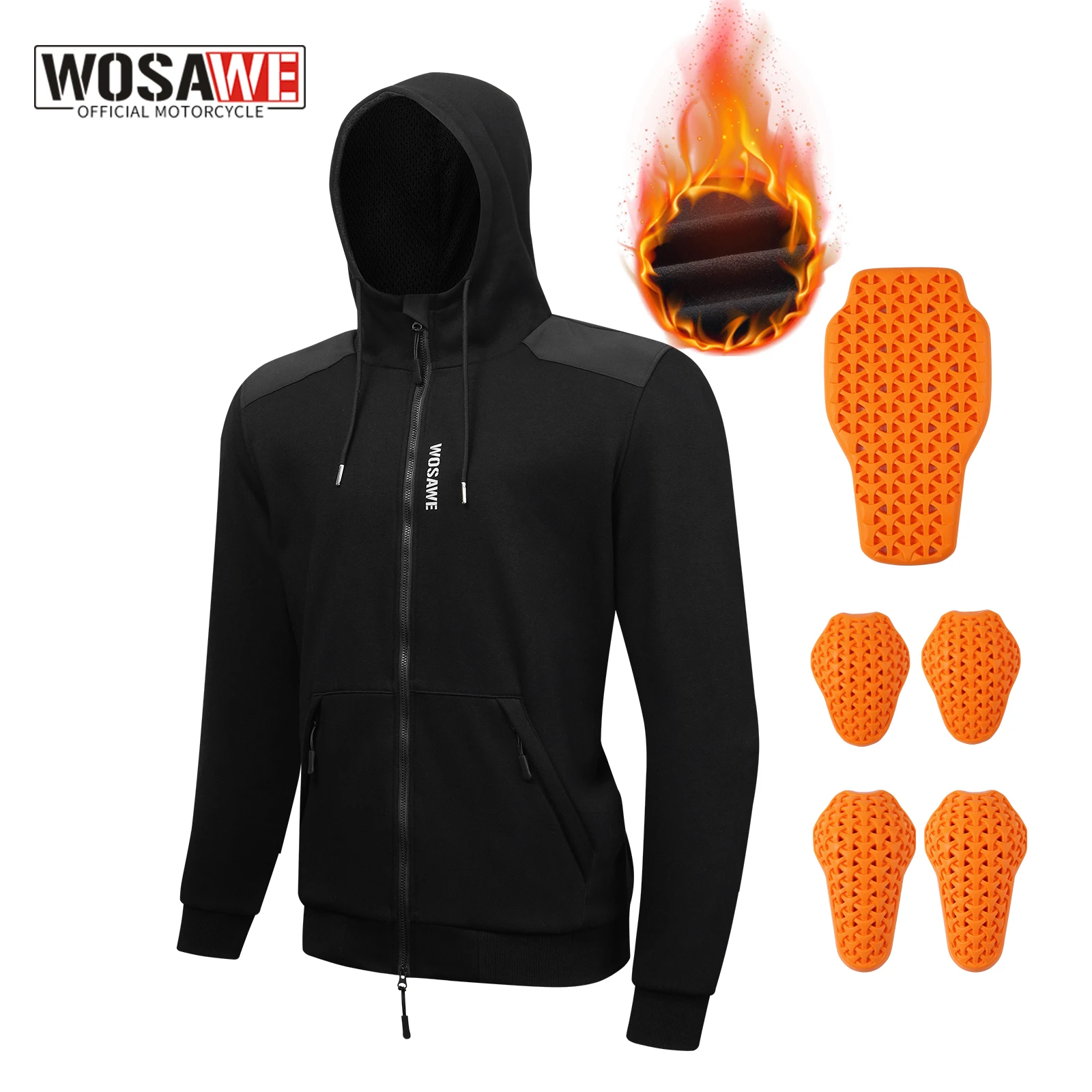 WOSAWE Mens Motorcycle Style Hoodie Jacket Winter Warm Hooded Motorbike Zip Up Sweatshirt Insert Shoulder Elbow Back Pads