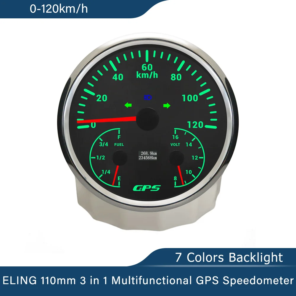 

ELING 110mm 3in1 Multifunction GPS Speedometer 120MPH 0-200km/h with Fuel Level Voltmeter 7 Colors Backlight for Car Motorcycle