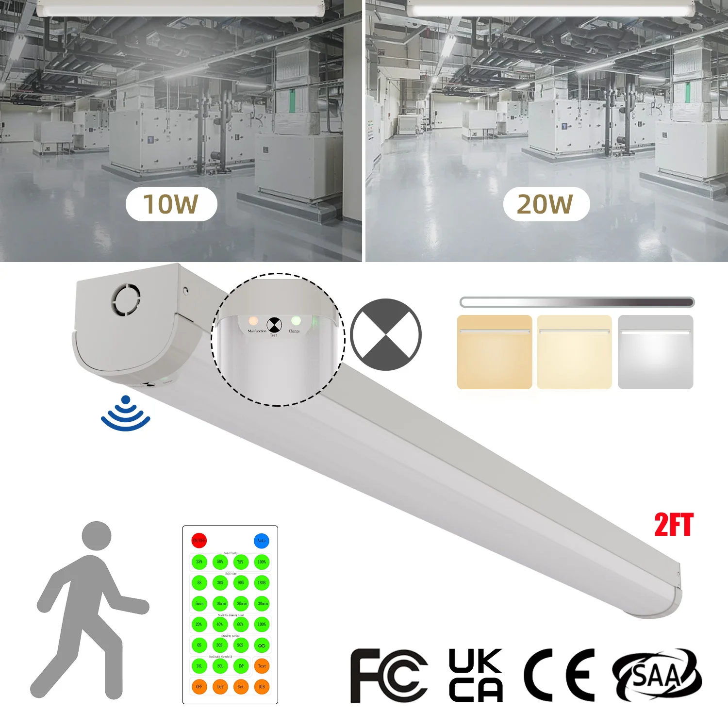 

2-футовый трехуровневый датчик движения, светодиодная линейная лента, аварийный светильник для лестничной клетки с дистанционным управлением, резервная батарея 10 Вт/20 Вт, 3/4/50 К, затемняемая ETL