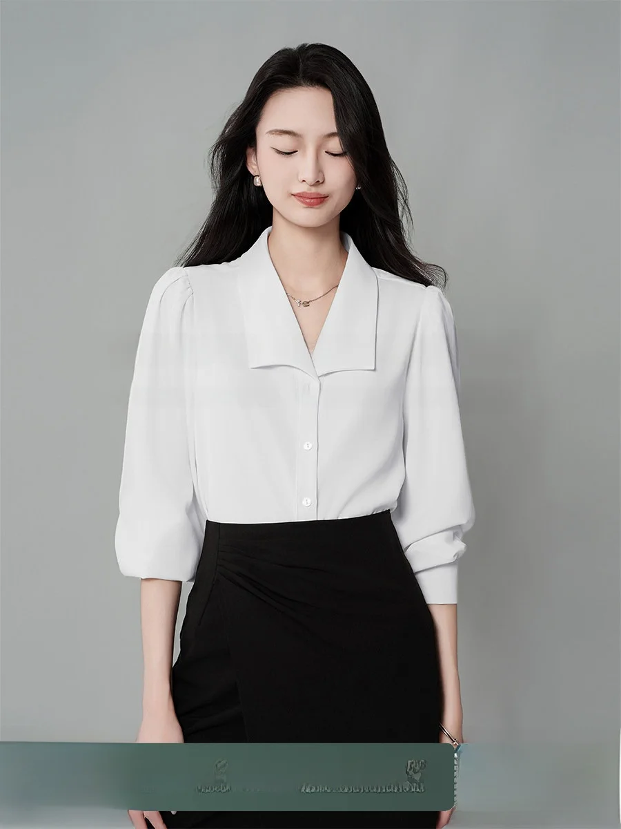 

Achu Silent White Chiffon Shirt Women's Shoulder Bubbles Long Sleeve Commute Interview Work Professional Female Clothing