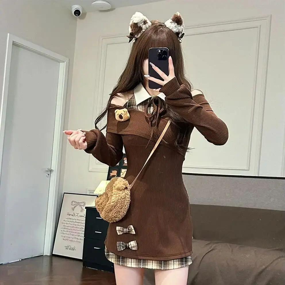 

Japan Women'S Long Sleeve Spliced ​​Off-Shoulder Dress Autumn