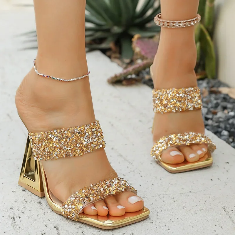 Gold Sequined High Heel Sandals Women Summer Fashion Square Toe Strange Heeled Slippers Woman Shiny Rhinestone Party Dress Shoes