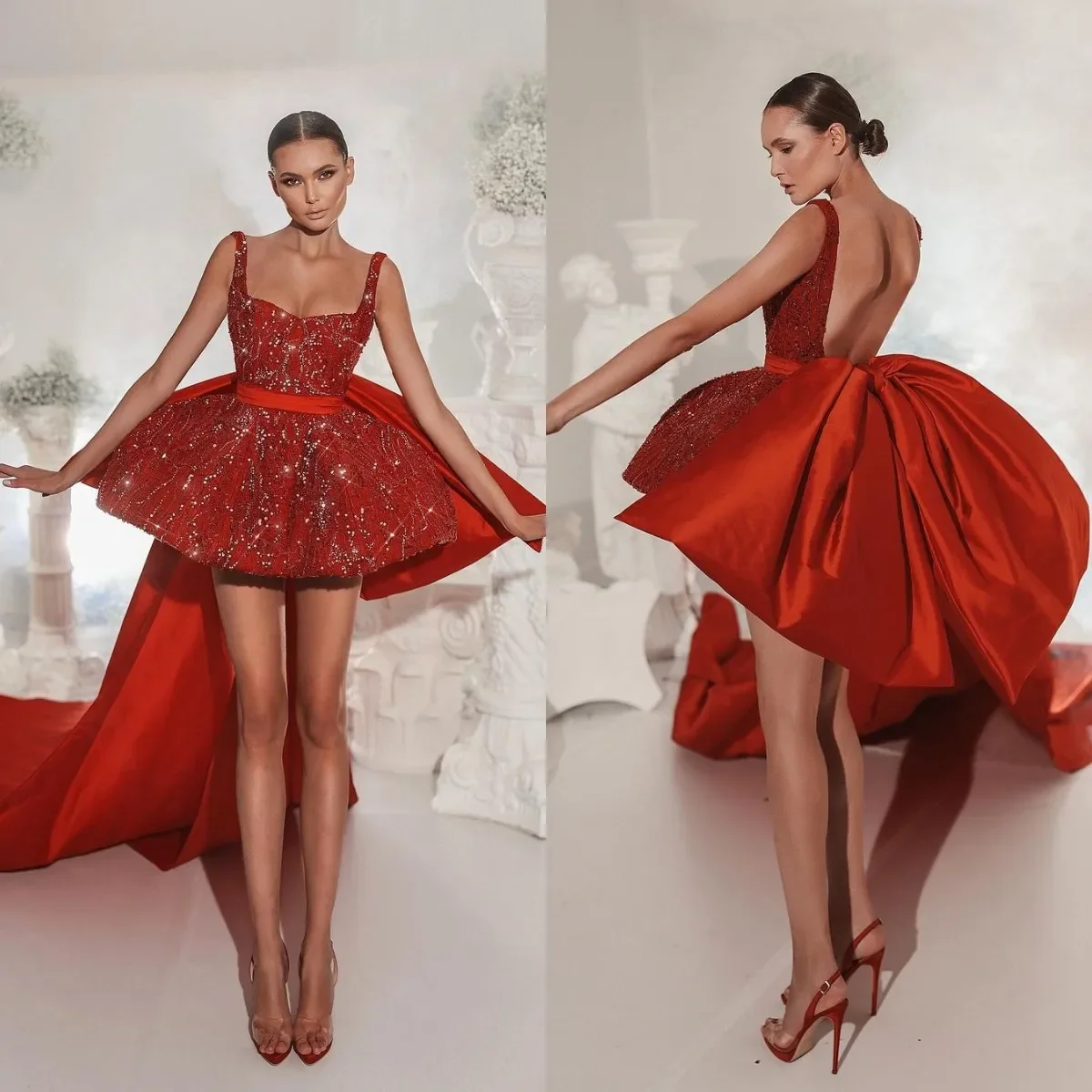 

Factory Customize Red Cocktail Dress With Large Bow Train Dress 2025 Sequines Backless Mini Homecoming Skirt