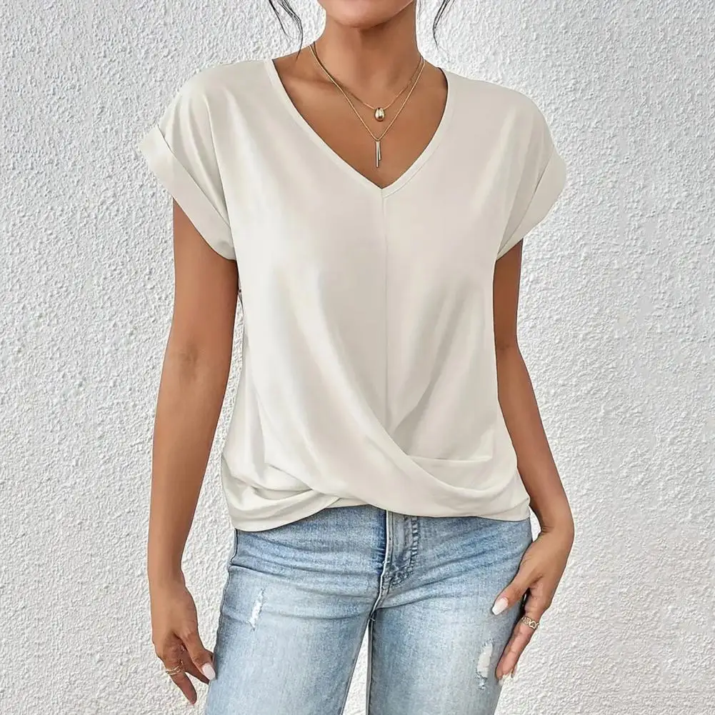 Summer Women Short Sleeve V Neck Shirts Solid Color Casual Breathable Top Versatile Fashion Blouse for Jeans Skirts