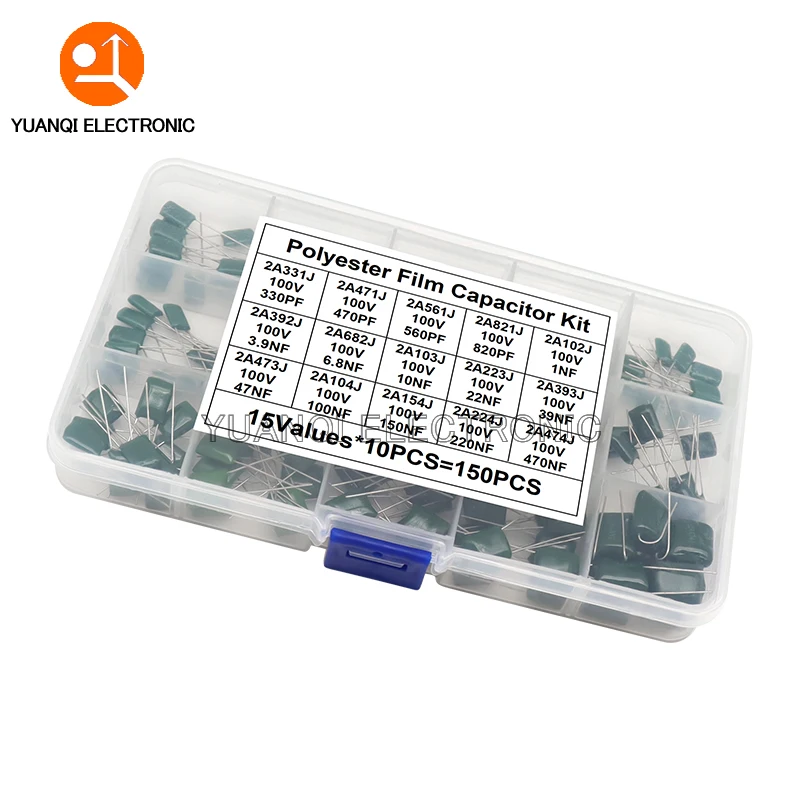 150pcs 15Values Polyester Film Capacitor Assortment Kit with Box 2A331J 2A471J 2A102J 2A103J 2A223J 2A104J 2A154J 2A224J 2A474J