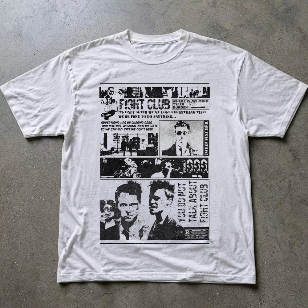 Vintage Fight Club Movie Graphic Print T-Shirt Men Women 90s Cotton T-shirt Aesthetic Streetwear Harajuku Y2K Casual Tee Tops