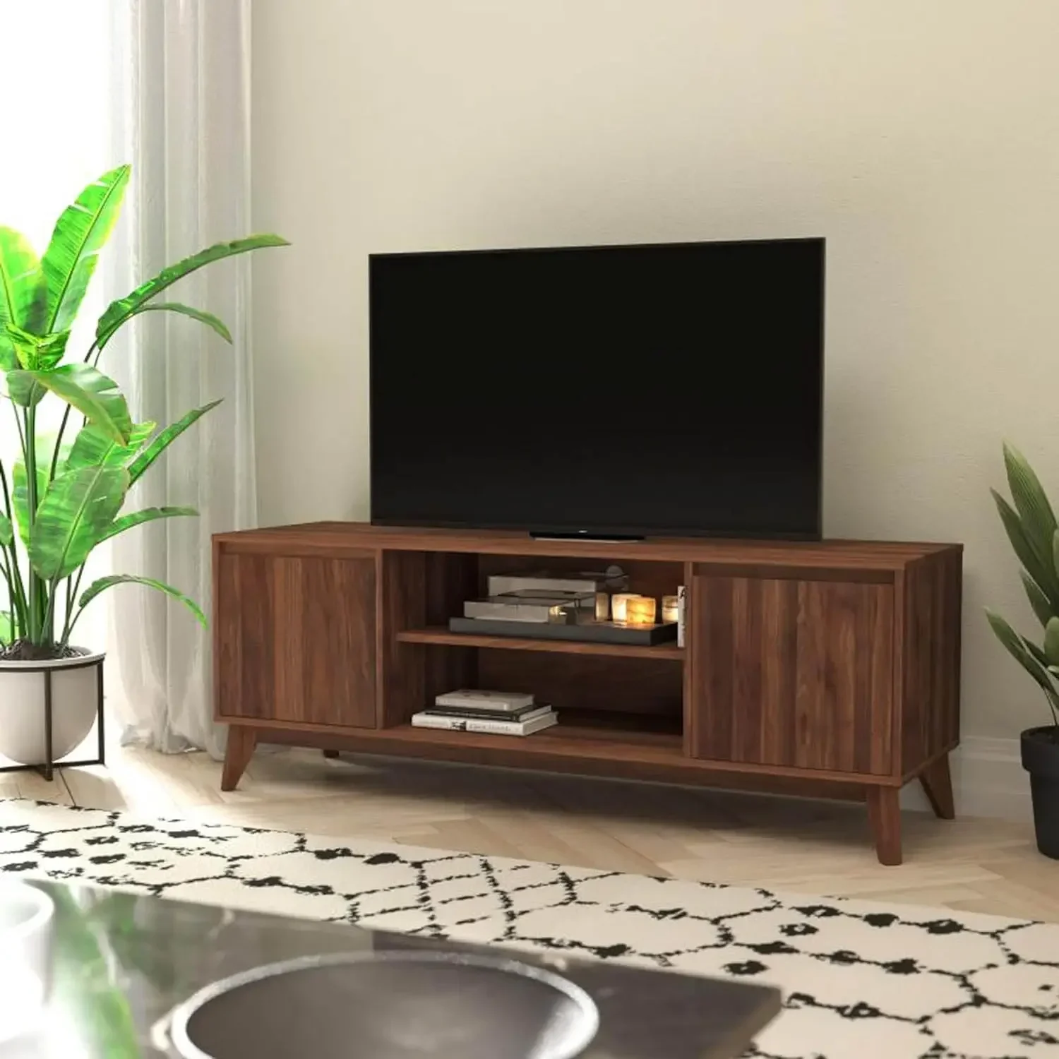 

60 Inch Media Center,Mid-Century Modern TV Stand-Walnut Laminate Finish-Adjustable Center Shelf-Soft Close Doors