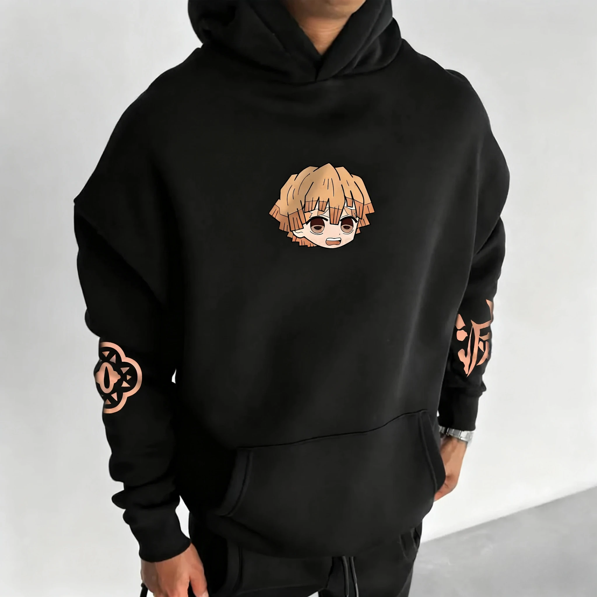 Demon slayer halloween hoodie 2025 outono/inverno masculino novo agatsuma zenitsu horror anime impresso casual solto pai criança topo